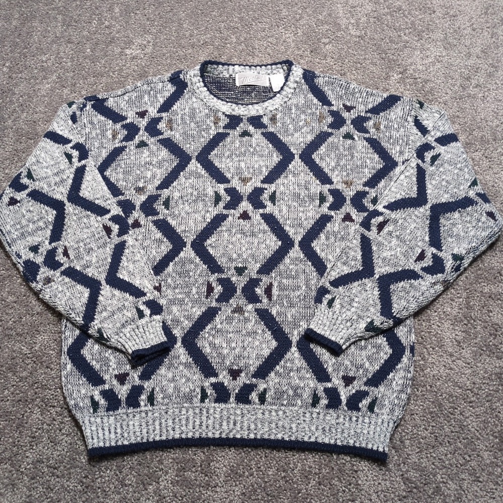 Vintage Method‎ Sweater Men's Large Navy White Geometric Knit Crew Neck 90's